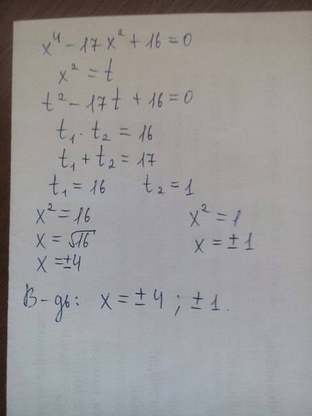 Решить уравнение x^4-17x^2+16=0 на листочке ,)