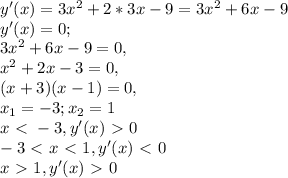 y'(x)=3x^{2}+2*3x-9=3x^{2}+6x-9 \\ &#10;y'(x)=0 ; \\ &#10;3x^{2}+6x-9=0, \\ &#10;x^{2}+2x-3=0, \\&#10;(x+3)(x-1)=0, \\ &#10;x_{1}=-3;x_{2}=1 \\ &#10;x \ \textless \ -3, y'(x)\ \textgreater \ 0 \\ &#10; -3\ \textless \ x\ \textless \ 1, y'(x)\ \textless \ 0 \\ &#10;x\ \textgreater \ 1, y'(x)\ \textgreater \ 0 \\ &#10;