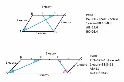 Впараллелограме abcd проведины биссиктрисы ak и df, разбивающие сторону вс на 3 равных отрезка. найд