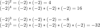 (-2)^{2}=(-2)*(-2)=4\\(-2)^{4} =(-2)*(-2)*(-2)*(-2)=16\\ \\(-2)^{3}=(-2)*(-2)*(-2)=-8\\(-2)^{5}=(-2)*(-2)*(-2)*(-2)*(-2)=-32