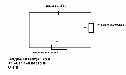Решите, , . цепь состоит из источника тока с эдс 4,5 в, внутренним сопротивлением 1,5 ом и двух посл