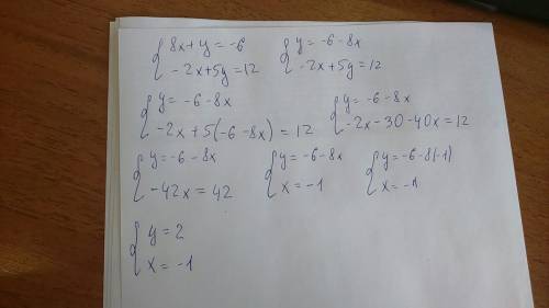 Решения системы уравнения : {8x+y=-6 { -2x+5y=12