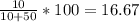 \frac{10}{10+50} *100=16.67