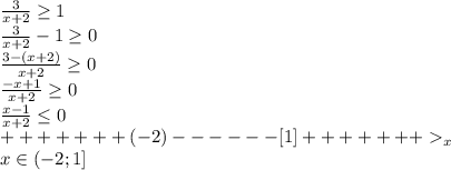 \frac{3}{x+2} \geq 1\\\frac{3}{x+2} - 1 \geq 0\\\frac{3-(x+2)}{x+2} \geq 0\\\frac{-x+1}{x+2} \geq 0\\\frac{x-1}{x+2} \leq 0\\+++++++(-2)------[1]+++++++_x\\x \in (-2; 1]\\