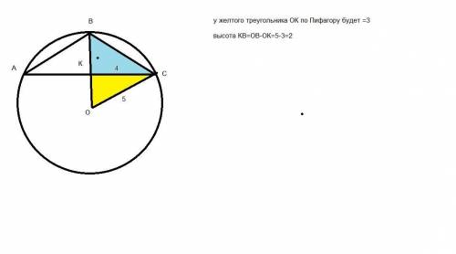 Дано тупоугольный разнобедренный треугольник ,основание треугольника =8,радиус описанной окружности