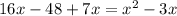 16x-48+7x=x^2-3x