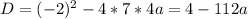 D=(-2)^2-4*7*4a=4-112a