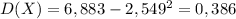 D(X)=6,883-2,549^2=0,386