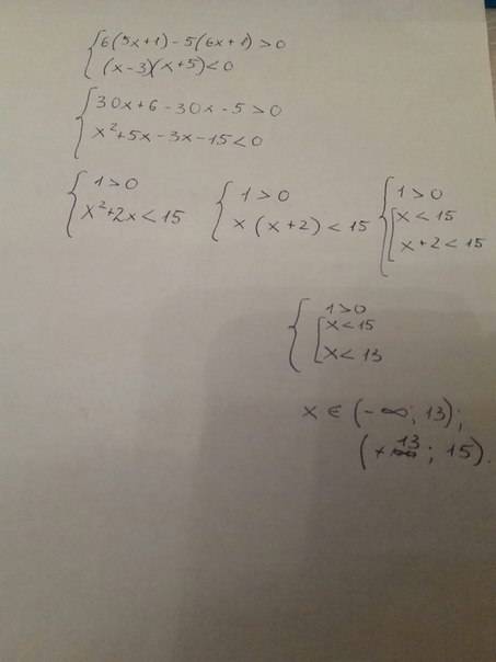 Решите систему неравенств: 6(5x+1)-5(6x+1)> 0 (x-3)(x+5)< 0