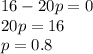 16-20p=0\\ 20p=16 \\ p=0.8