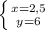 \left \{ {{x=2,5} \atop {y=6}} \right.