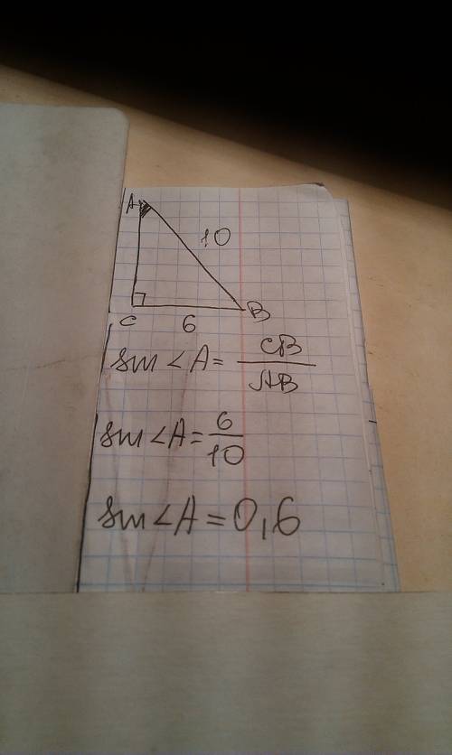 Втреугольнике авс известно что угол с=90°,вс=6 см,ав=10см.чему равен sina