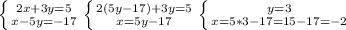 \left \{ {{2x+3y=5} \atop {x-5y=-17}} \right. &#10; \left \{ {{2(5y-17)+3y=5} \atop {x=5y-17}} \right.&#10; \left \{ {{y=3} \atop {x=5*3-17=15-17=-2}} \right.