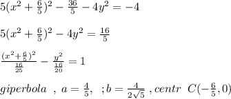 5(x^2+\frac{6}{5})^2-\frac{36}{5}-4y^2=-4\\\\5(x^2+\frac{6}{5})^2-4y^2=\frac{16}{5}\\\\\frac{(x^2+\frac{6}{5})^2}{\frac{16}{25}}-\frac{y^2}{\frac{16}{20}}=1\\\\giperbola\; \; ,\; a=\frac{4}{5},\; \;; b=\frac{4}{2\sqrt5}\; ,centr\; \; C(-\frac{6}{5},0)