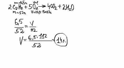 3.сколько литров кислорода (н.у.) потребуется для полного сгорания ацетилена массой 6,5 г.
