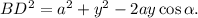 BD^2=a^2+y^2-2ay\cos\alpha.