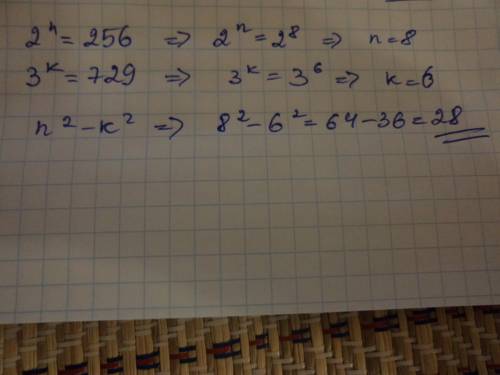 Известно, что 2^n=256; 3^k=729.чему равно n^2-k^2