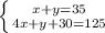 \left \{ {{x+y=35} \atop {4x+y+30=125}} \right.