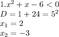 1. x^2+x-6\ \textless \ 0 \\ &#10;D = 1 + 24 = 5^2 \\ &#10;x_1 = 2 \\ &#10;x_2 = -3