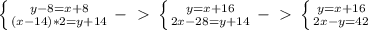 \left \{ {{y-8=x+8} \atop {(x-14)*2=y+14}} \right. -\ \textgreater \ \left \{ {{y=x+16} \atop {2x-28=y+14}} \right. -\ \textgreater \ \left \{ {{y=x+16} \atop {2x-y=42}}