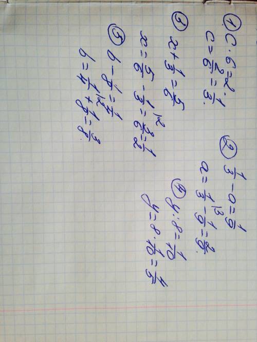 Решите уравнение c*6=2; 1/3-a=1/9; x +1/3=5/6; y: 8=1/10; b-1/8=1/4