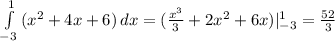 \int\limits^1_{-3} {(x^2+4x+6)} \, dx =( \frac{x^3}{3}+2x^2+6x) |^1_{-3}= \frac{52}{3}