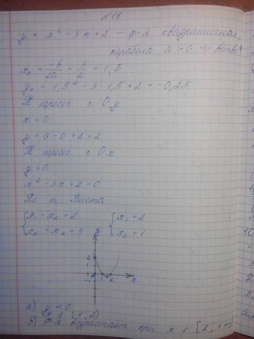 Постройте график функции у=х в квадрате - 3х + 2 и найдите: а) при каких значениях аргумента значени