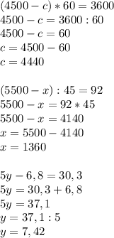 (4500-c)*60=3600 \\ 4500-c=3600:60 \\ 4500-c=60 \\ c=4500-60 \\ c=4440 \\ \\ (5500-x):45=92 \\ 5500-x=92*45 \\ 5500-x=4140 \\ x=5500-4140 \\ x=1360 \\ \\ 5y-6,8=30,3 \\ 5y=30,3+6,8 \\ 5y=37,1 \\ y=37,1:5 \\ y=7,42