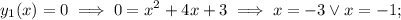 \displaystyle y_1(x)=0 \implies 0=x^2+4x+3 \implies x=-3 \lor x=-1;