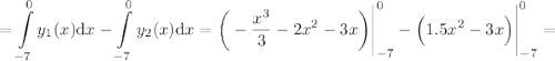 \displaystyle &#10;=\int\limits_{-7}^{0}y_1(x)\text{d}x-\int\limits_{-7}^0y_2(x)\text{d}x=\bigg(-\frac{x^3}{3}-2x^2-3x\bigg)\Bigg|_{-7}^0-\Big(1.5x^2-3x\Big)\Bigg|_{-7}^0=