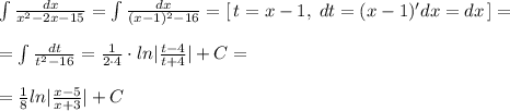 \int \frac{dx}{x^2-2x-15}=\int \frac{dx}{(x-1)^2-16}=[\, t=x-1,\; dt=(x-1)'dx=dx\, ]=\\\\=\int \frac{dt}{t^2-16}=\frac{1}{2\cdot 4}\cdot ln|\frac{t-4}{t+4}|+C=\\\\=\frac{1}{8}ln|\frac{x-5}{x+3}|+C