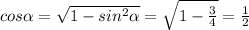 cos \alpha = \sqrt{1-sin^{2} \alpha}=\sqrt{1-\frac{3}{4}}=\frac{1}{2}