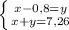 \left \{ {{x-0,8 = y} \atop {x+y = 7,26}} \right.