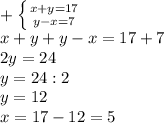 \\+\left \{ {{x+y=17} \atop {y-x=7}} \right. \\x+y+y-x=17+7\\2y=24\\y=24:2\\y=12\\x=17-12=5\\