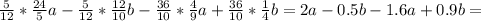 \frac{5}{12} * \frac{24}{5}a- \frac{5}{12} * \frac{12}{10} b- \frac{36}{10} * \frac{4}{9} a+ \frac{36}{10} * \frac{1}{4} b=2a-0.5b-1.6a+0.9b=