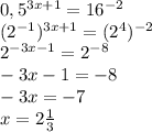 0,5^{3x+1}=16^{-2} \\ &#10;(2^{-1})^{3x+1}=(2^{4})^{-2} \\ &#10;2^{-3x-1}=2^{-8} \\ &#10;-3x-1=-8 \\ &#10;-3x=-7 \\ &#10;x=2 \frac{1}{3} \\