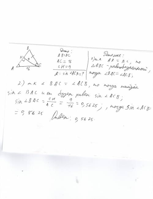 Втреугольнике abc ab=ac, ac=16 ,высота сh=9. найти синус угла acb. с рисунком.