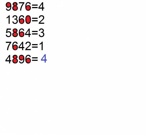 Иобъясните решение ! : 9876=4 1360=2 5864=3 7642=1 4896=?