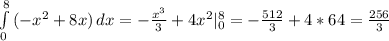 \int\limits^8_0 {(-x^2+8x)} \, dx =- \frac{x^3}{3} +4x^2| _{0} ^{8} =- \frac{512}{3} +4*64= \frac{256}{3}