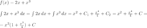 f(x)=2x+x^3\\\\ \int\limits {2x+x^3} \, dx = \int\limits {2x} \, dx + \int\limits {x^3} \, dx =x^2+C_1+\frac{x^4}4+C_2=x^2+\frac{x^4}4+C=\\\\=x^2(1+\frac{x^2}4)+C