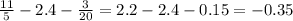 \frac{11}{5} -2.4- \frac{3}{20} =2.2-2.4-0.15=-0.35