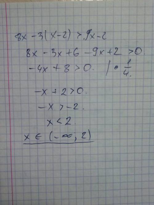 Решите неравенство 8x-3(x-2)> 9x-2