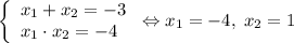 \left \{\begin{array}{lcl} {{x_1+x_2=-3} \\ {x_1\cdot x_2=-4}}\end{array} \right. \Leftrightarrow x_1 = -4, \;x_2 = 1