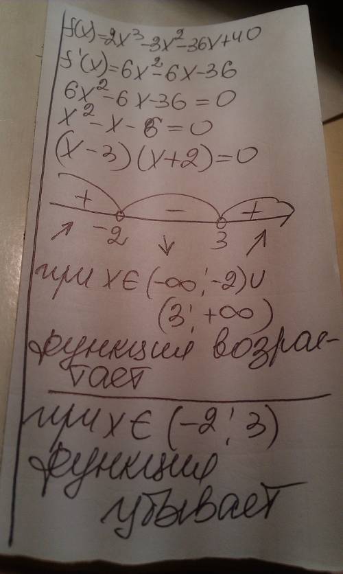 Исслеуйте на монотонность функцию y=f(x), y=2x^3-3x^2-36x+40