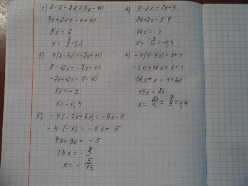 50 ! решить уравнения: 1. 2-6-2х=3х-10 2. 5-2х=8х+9 3. 4(2-3х)=-7х+10 4. -4(5-4х)=х+1 5. -4(-7х+6х)=