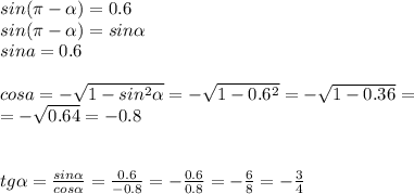 sin( \pi - \alpha )=0.6 \\ sin( \pi - \alpha )=sin \alpha \\ sina=0.6 \\ \\ cosa=- \sqrt{1-sin ^{2} \alpha } =- \sqrt{1-0.6 ^{2} } =- \sqrt{1-0.36} = \\ =- \sqrt{0.64} =-0.8 \\ \\ \\ tg \alpha = \frac{sin \alpha }{cos \alpha } = \frac{0.6}{-0.8} =- \frac{0.6}{0.8} =- \frac{6}{8} =- \frac{3}{4} \\