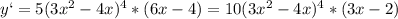 y`=5(3x^2-4x)^4*(6x-4)=10(3x^2-4x)^4*(3x-2)