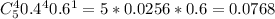 C_5^40.4^40.6^1=5*0.0256*0.6=0.0768