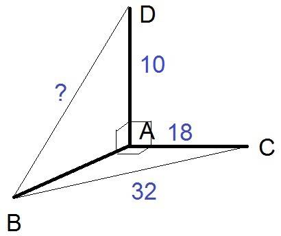 Прямые ab, ac, ad попарно перпендикулярны. найдите отрезок bd, если ac=18 дм, вс= 32 дм, ад=10дм.