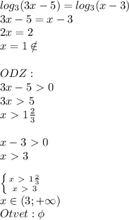 log_{3} (3x-5)=log_{3} (x-3) \\ 3x-5=x-3 \\ 2x=2 \\ x=1\notin \\ \\ ODZ: \\ 3x-5\ \textgreater \ 0 \\ 3x\ \textgreater \ 5 \\ x\ \textgreater \ 1\frac{2}{3} \\ \\ x-3\ \textgreater \ 0 \\ x\ \textgreater \ 3 \\ \\ \left \{ x\ \textgreater \ 1\frac{2}{3} \atop x\ \textgreater \ 3 \right.\\ x\in(3;+\infty) \\ Otvet: \phi